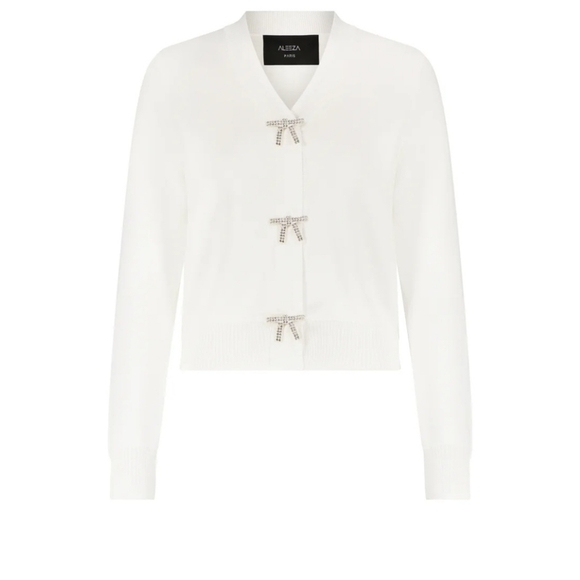 Aleeza Jodie Elegant White Knit Cardigan with Bow Details - Picture 1 of 9